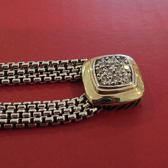 David Yurman 18K Gold & Sterling Silver Pave Diamond Pendant Box Chain Necklace - Picture 7 of 9